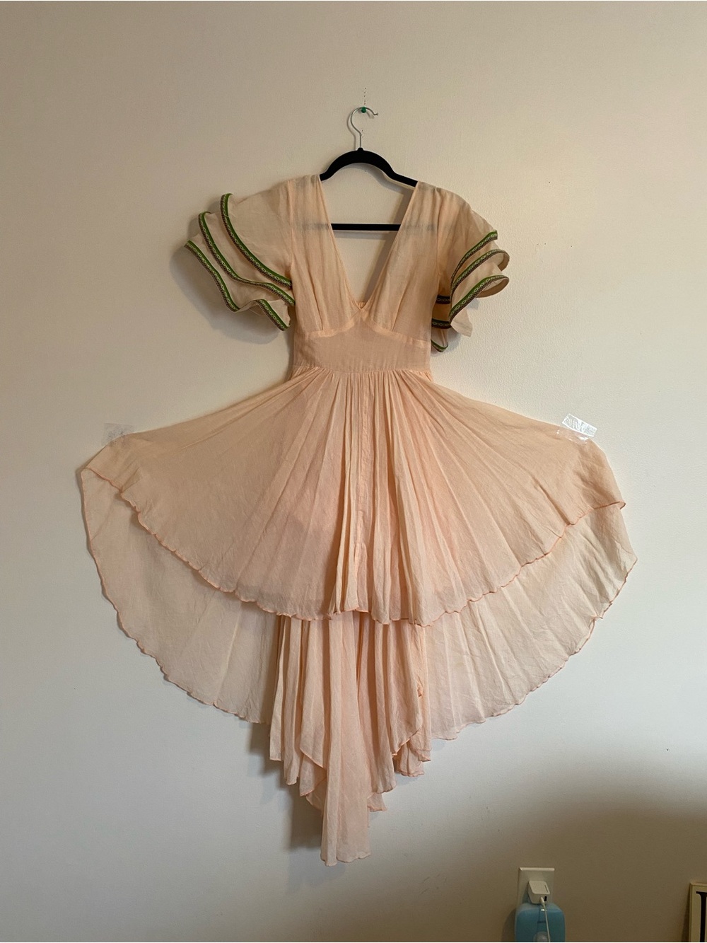 Pitusa Peach Asymmetrical Layered V-Neck Dress with Green-Trim Sleeves